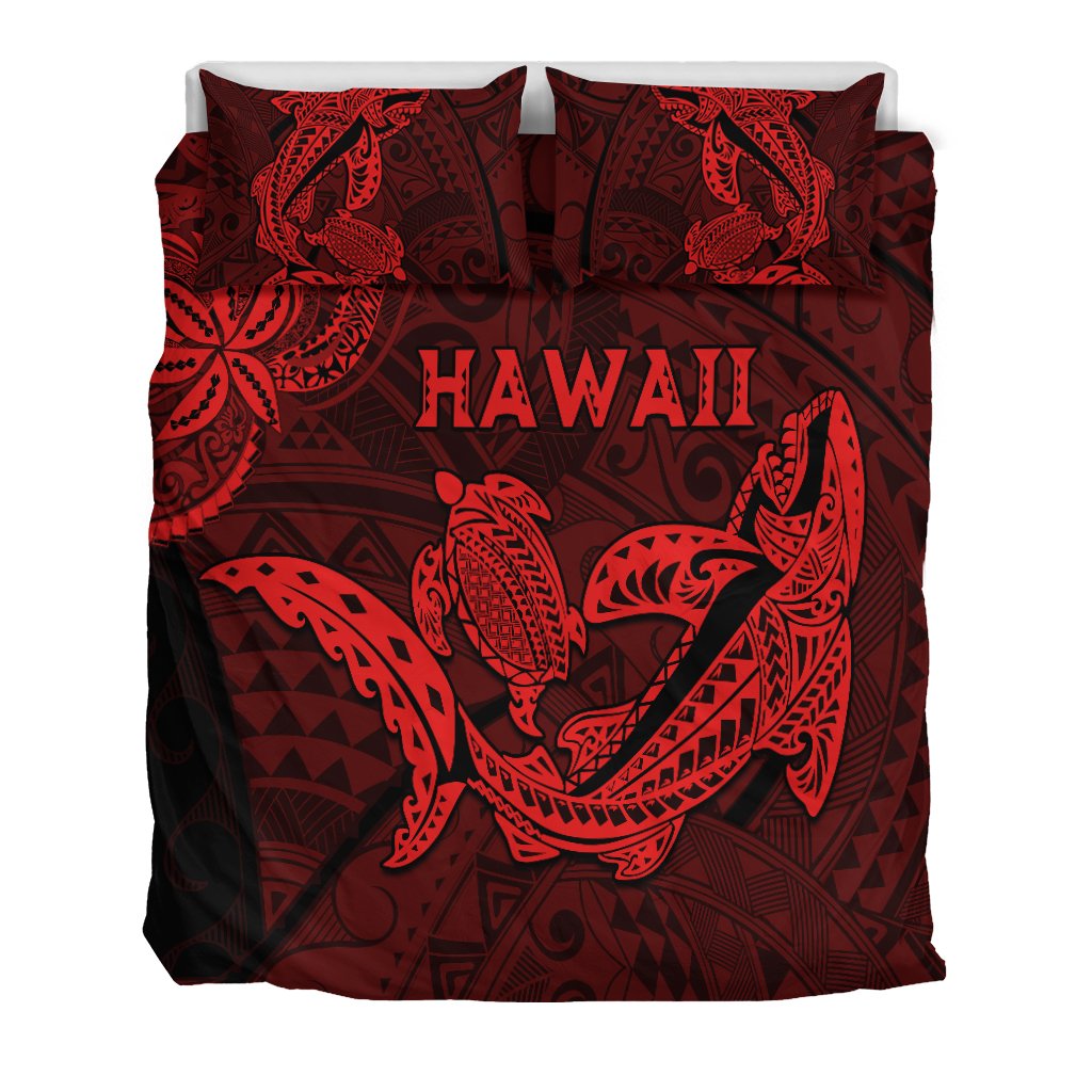Red and dark bedding set with large shark and turtle artwork and two pillowcases