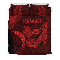 Red and dark bedding set with large shark and turtle artwork and two pillowcases