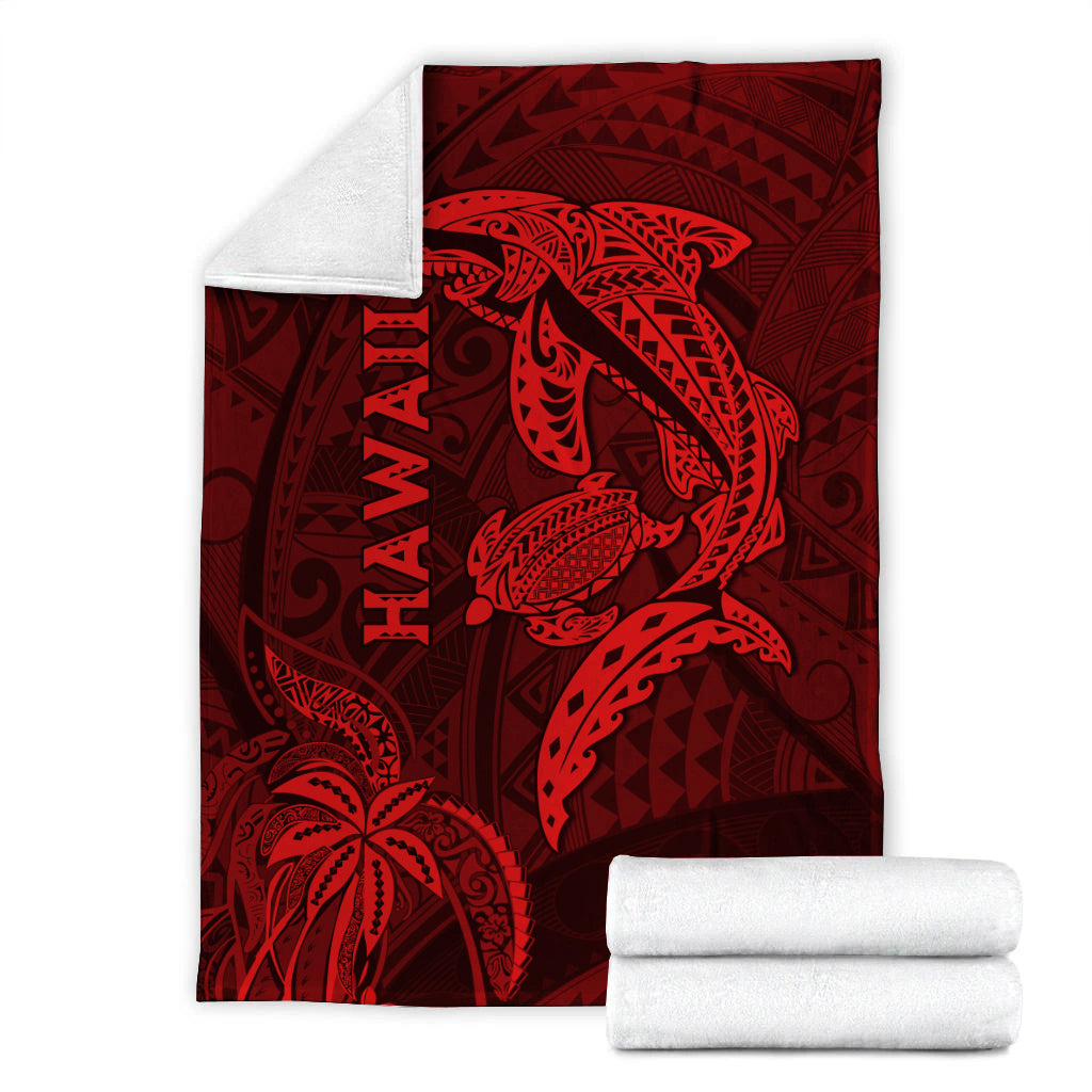 Red shark and turtle blanket with white backing layer