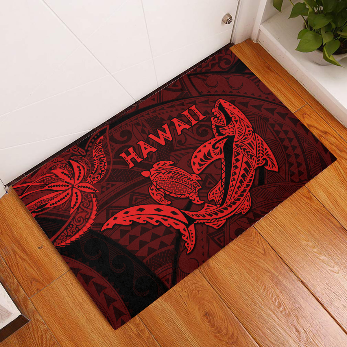 Red Hawaii-themed door mat with shark and turtle graphic and HAWAII lettering