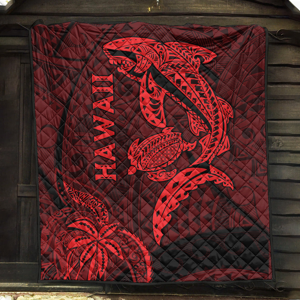 Red Hawaii quilt with shark and turtle graphic, quilted diamond pattern, HAWAII text
