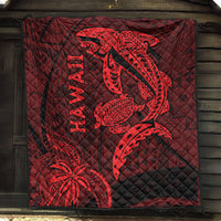 Red Hawaii quilt with shark and turtle graphic, quilted diamond pattern, HAWAII text