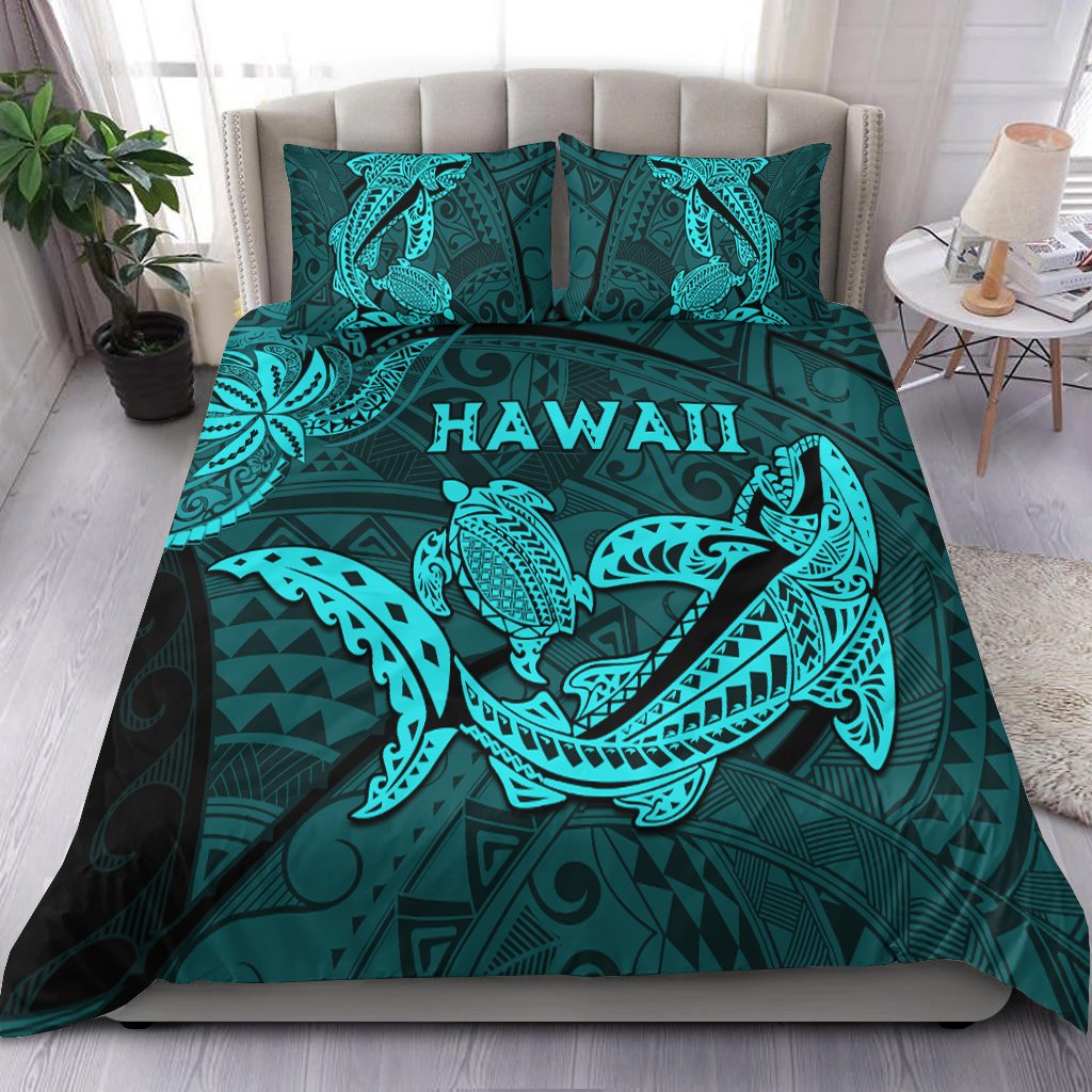 Dark teal duvet bedding set with turquoise shark and turtle graphics and 'HAWAII' text