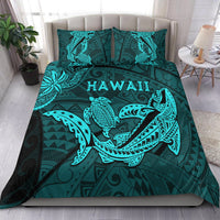 Dark teal duvet bedding set with turquoise shark and turtle graphics and 'HAWAII' text