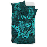 Dark teal bedding set with turquoise shark and turtle prints, 'HAWAII' word on duvet