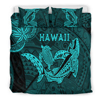 Dark teal bedding set with turquoise sea turtle and shark prints, 'HAWAII' centered