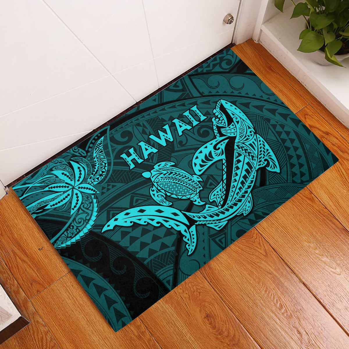 Turquoise Hawaii door mat with shark and turtle graphic, rectangular with border