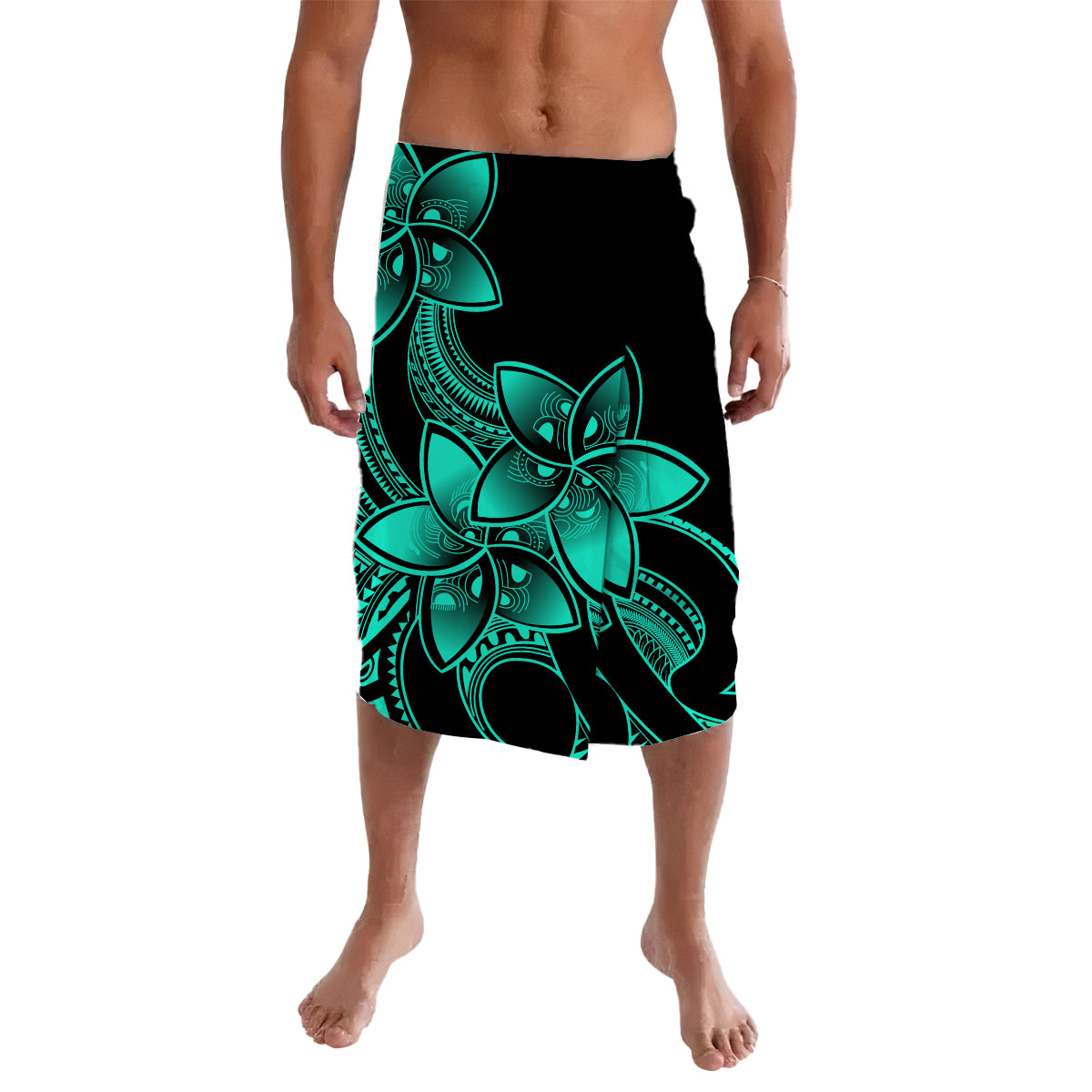 Aqua and black tribal floral print sarong lavalava wrap skirt for men