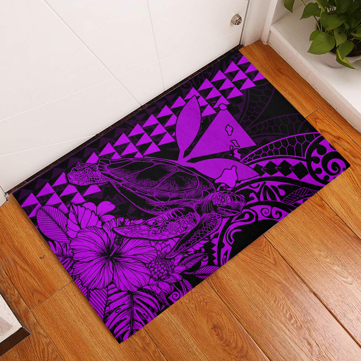 Purple Polynesia sea turtle door mat with floral and tribal pattern
