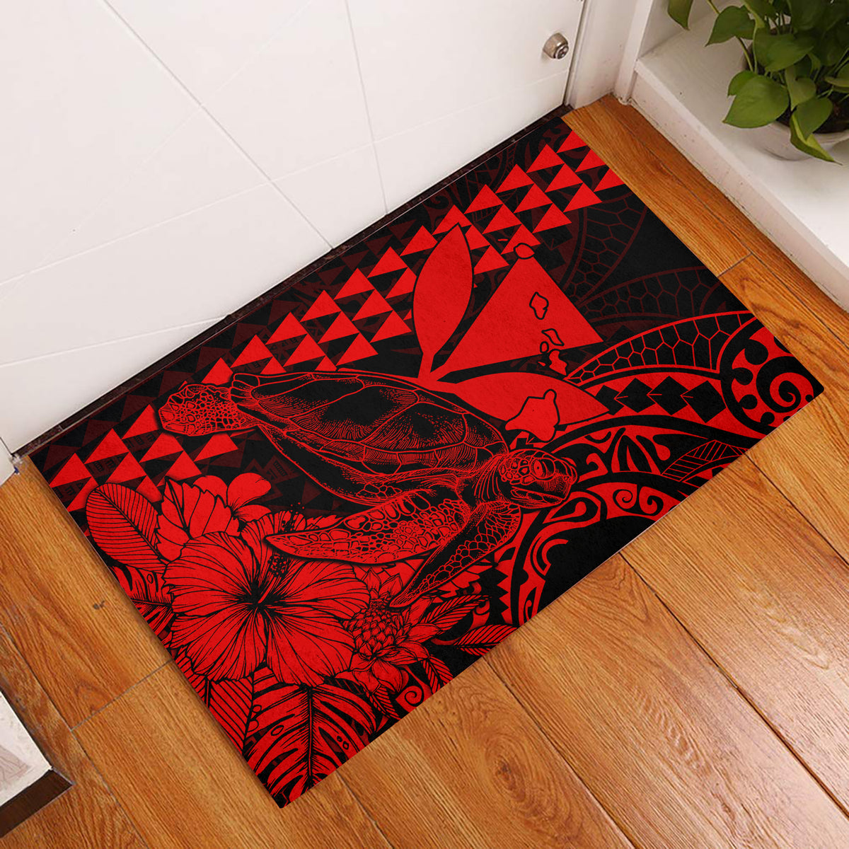Red Polynesian sea turtle door mat with bold tribal patterns and flowers