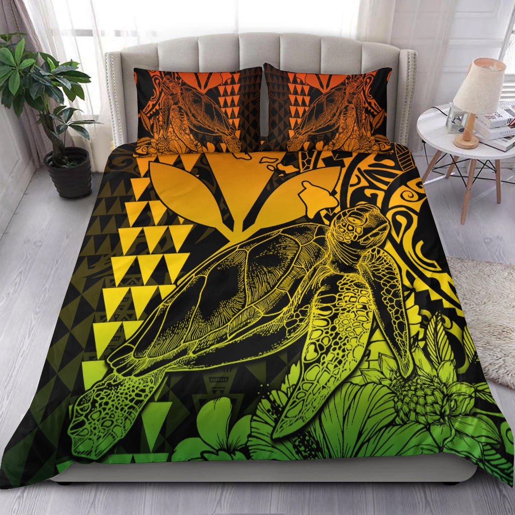 Sea turtle bedding set with duvet and two pillow shams, black, green, yellow, orange