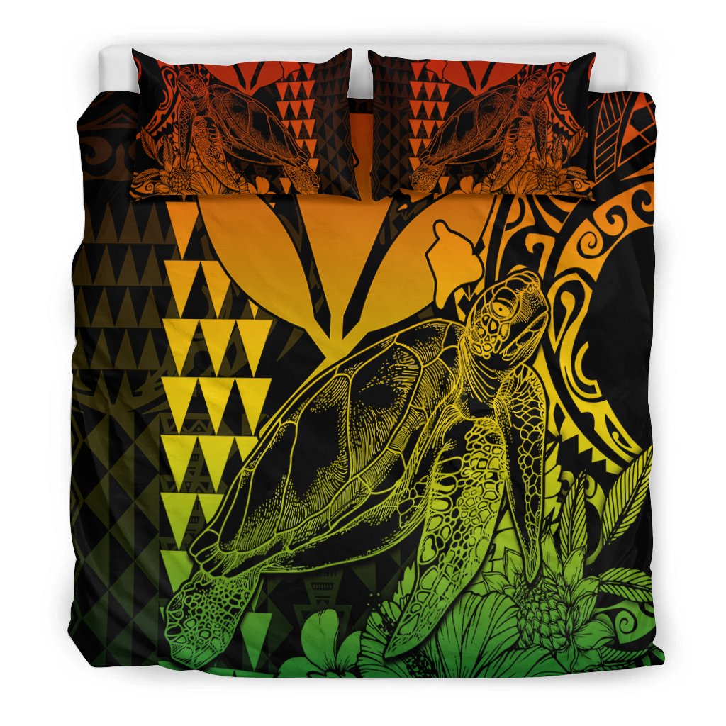 Sea turtle bedding set with duvet and two shams, orange tribal patterns with green turtle