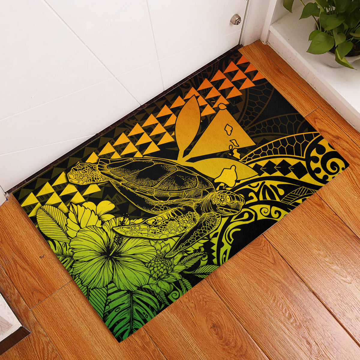 Colorful Polynesian door mat with large sea turtle and geometric patterns in green and yellow