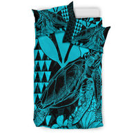 Teal sea turtle bedding set with pillow shams and duvet, vivid geometric print