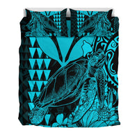 Teal sea turtle bedding set, close view of turtle illustration with floral details