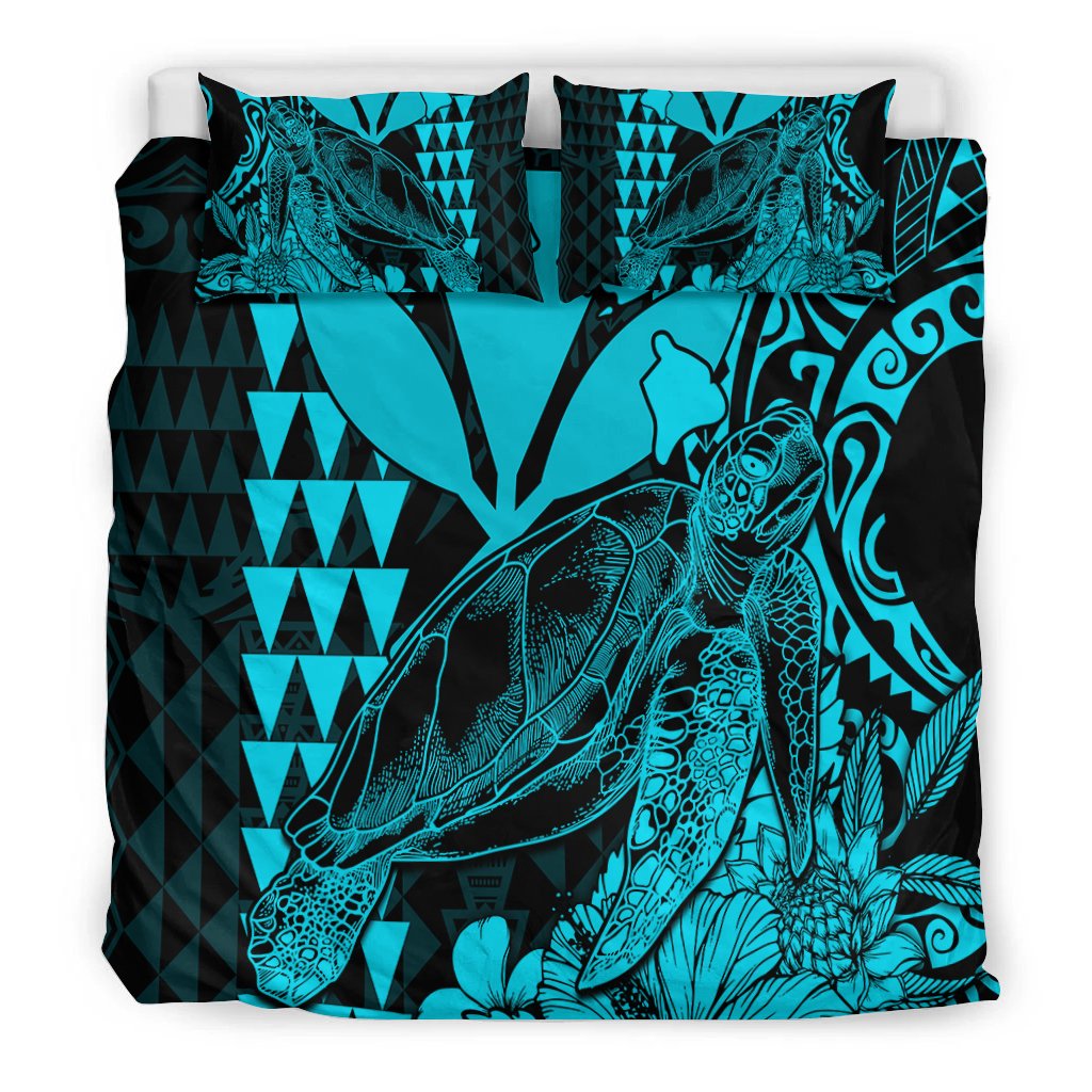 Teal sea turtle bedding set with two pillowcases, large turtle art and geometric triangles