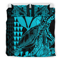 Teal sea turtle bedding set with two pillowcases, large turtle art and geometric triangles