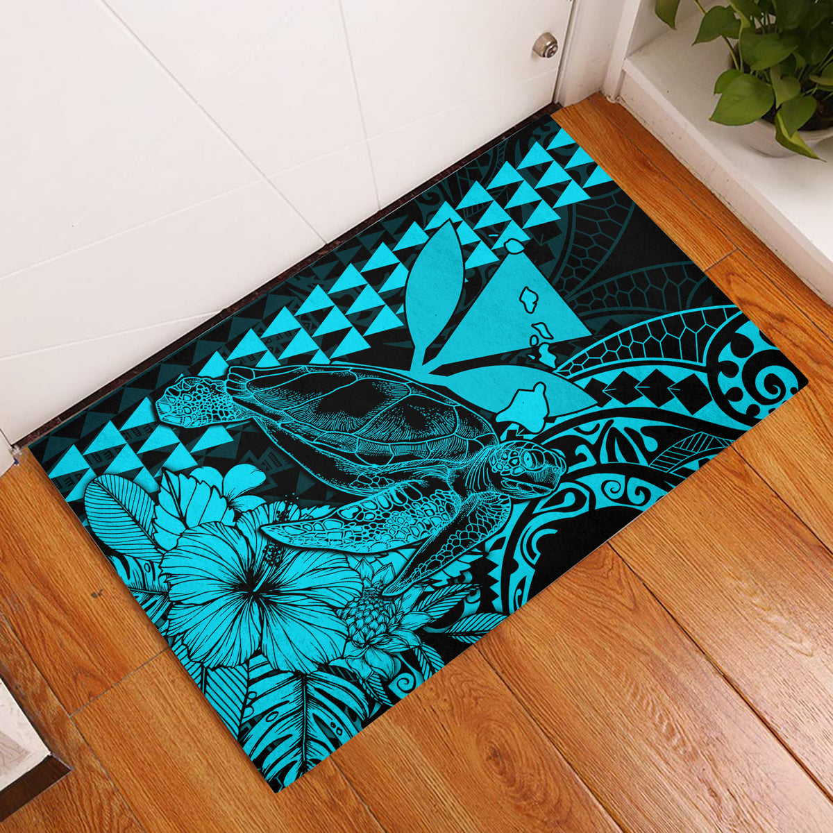 Teal Polynesia sea turtle door mat with stylized tropical wave and hibiscus graphics