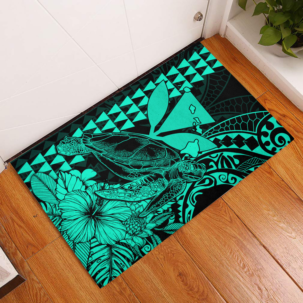 Turquoise Polynesian sea turtle door mat with tropical leaf and pattern design