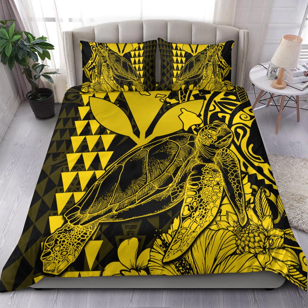 Yellow and black sea turtle bedding set with quilt and two matching pillow shams