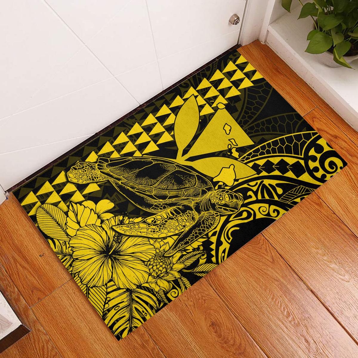 Yellow sea turtle door mat with Polynesia tribal pattern, rectangular.