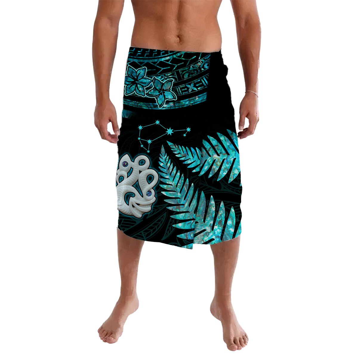Aqua printed lavalava wrap skirt with paua shell and fern motifs