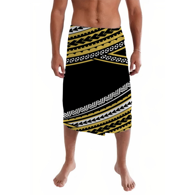 Geometric patterned lava lava wrap skirt with black base and gold tribal bands