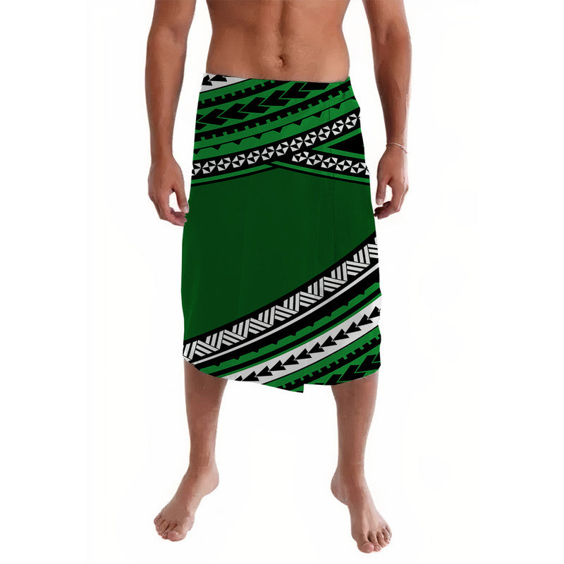Green Polynesian lavalava wrap skirt with white and black geometric trim