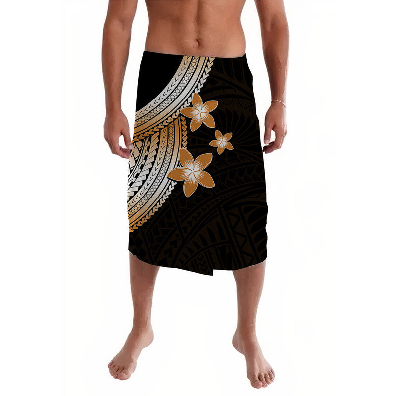 Lavalava wrap skirt in black with gold plumeria flowers and geometric pattern