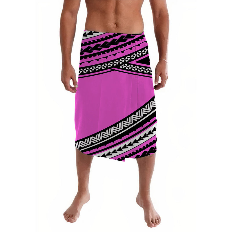 Pink wrap lavalava with bold black and white tribal border panel, knee-length skirt