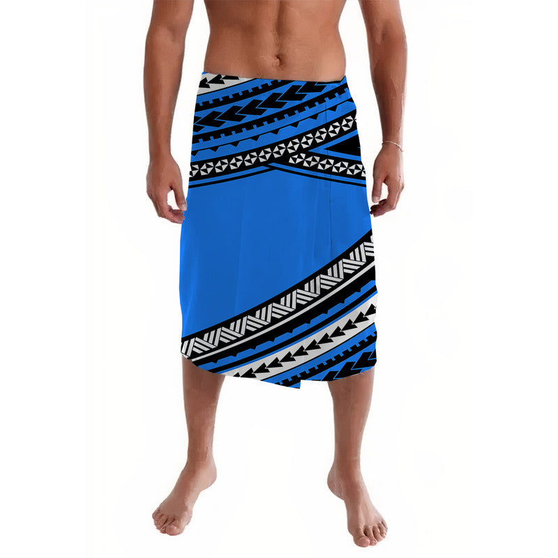 Blue lavalava wrap skirt with bold tribal stripe print, mid-calf length