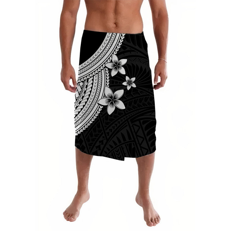 Black lavalava sarong with white plumeria flowers and tribal pattern design