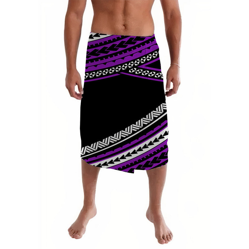 Purple and black patterned wrap skirt with geometric trim and asymmetrical hem