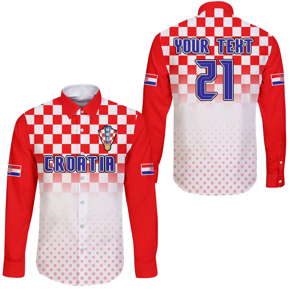 Red and white long-sleeve button shirt with checkered back, crest, and custom text 21