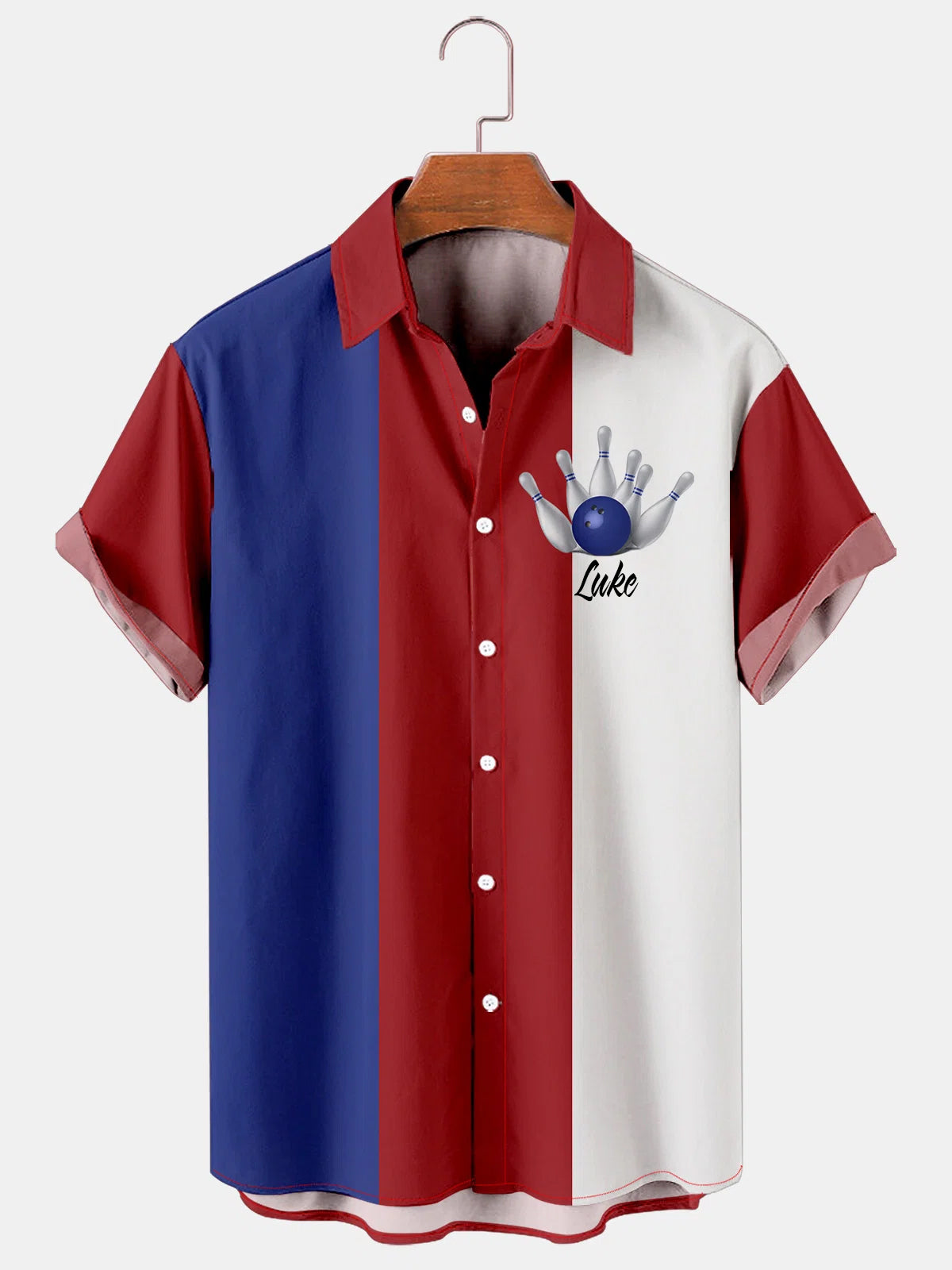Kids' short-sleeve Hawaiian shirt with red, blue, and white panels; Luke front print