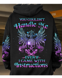 Black hoodie with winged skull graphic, colorful text on back, long sleeves