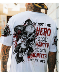 White graphic T-shirt with large back skull knight and red hero/monster text