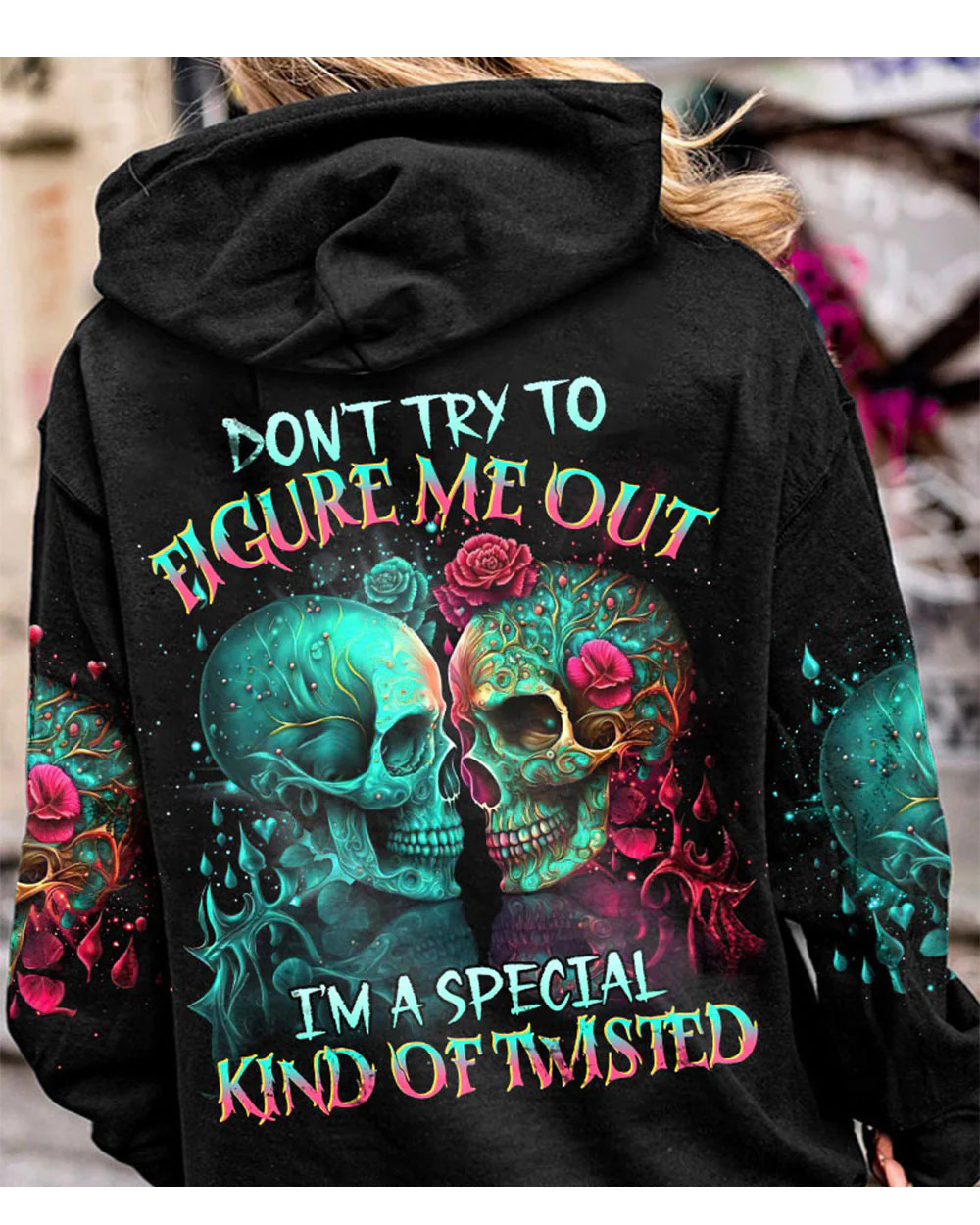 Black pullover hoodie with colorful twin skull and rose graphic on back
