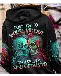 Black pullover hoodie with colorful twin skull and rose graphic on back