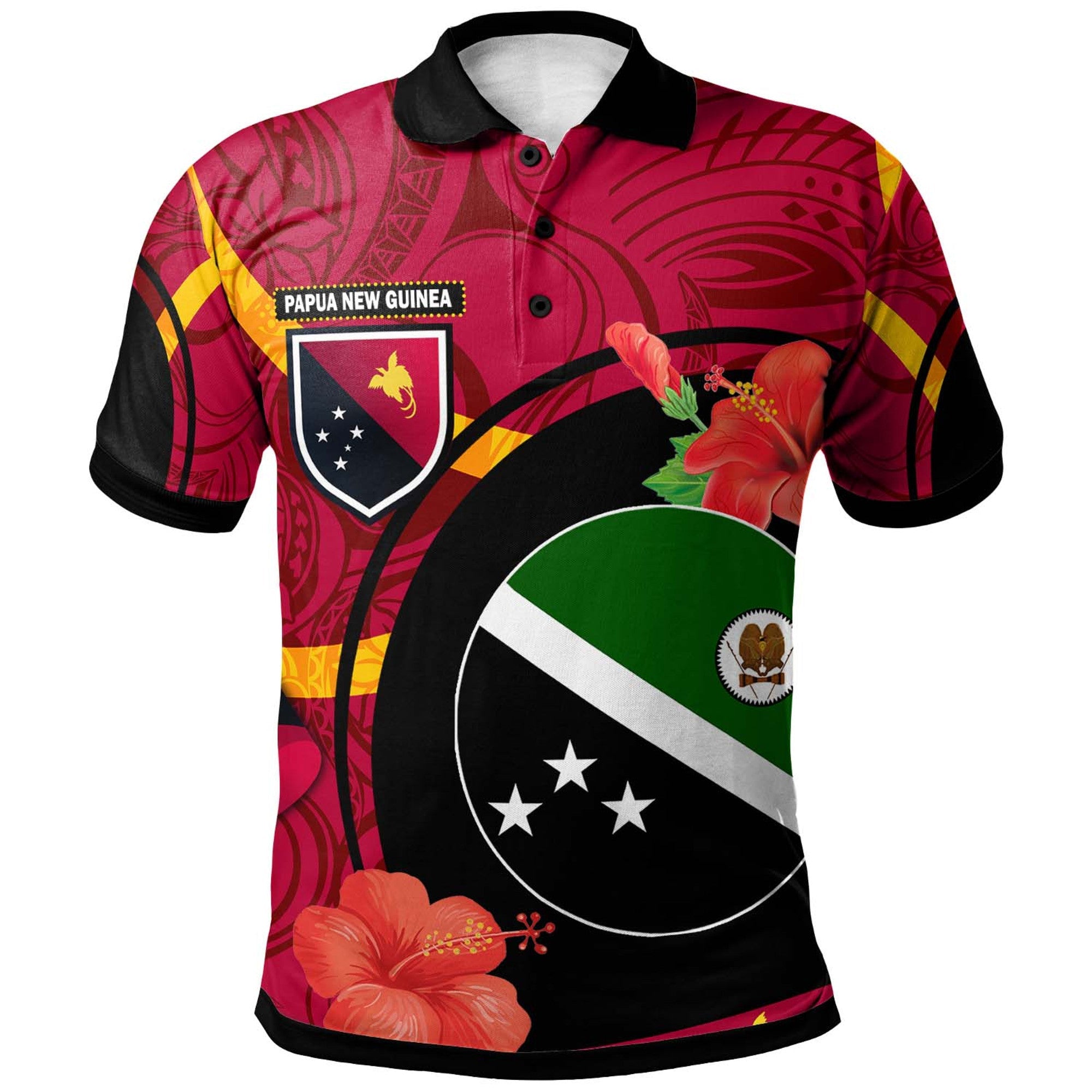 Papua New Guinea Polo Shirt Western Highlands Flag of PNG with Hibicus and Polynesian Culture Polo Shirt