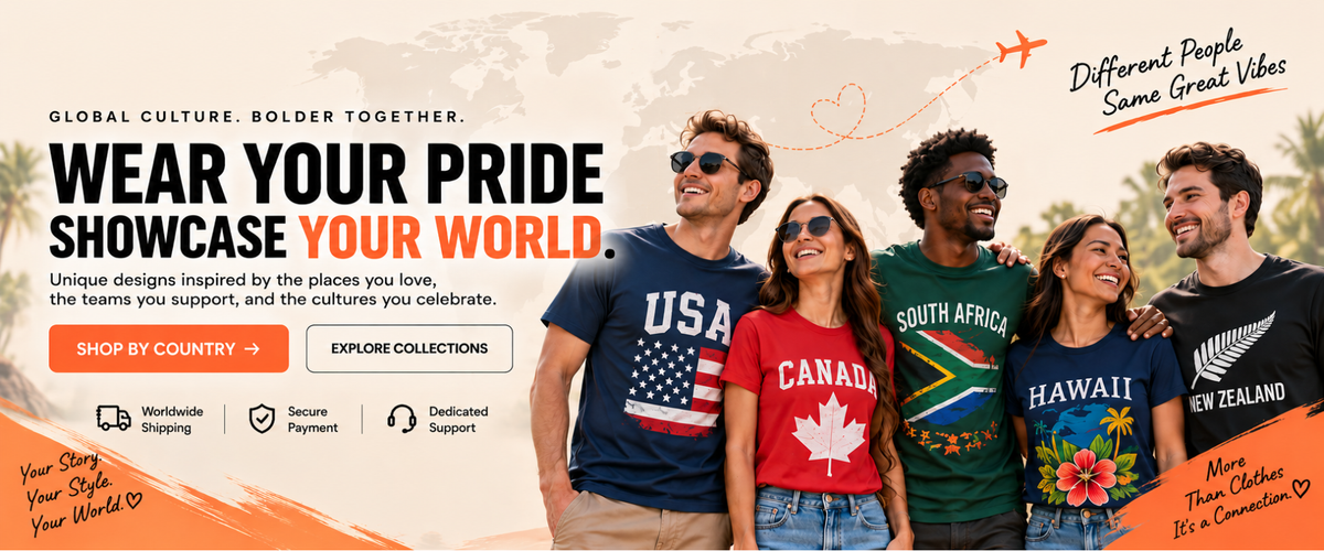 A promotional travel banner with the slogan 'WEAR YOUR PRIDE SHOWCASE YOUR WORLD.' and 'Different People Same Great Vibes.