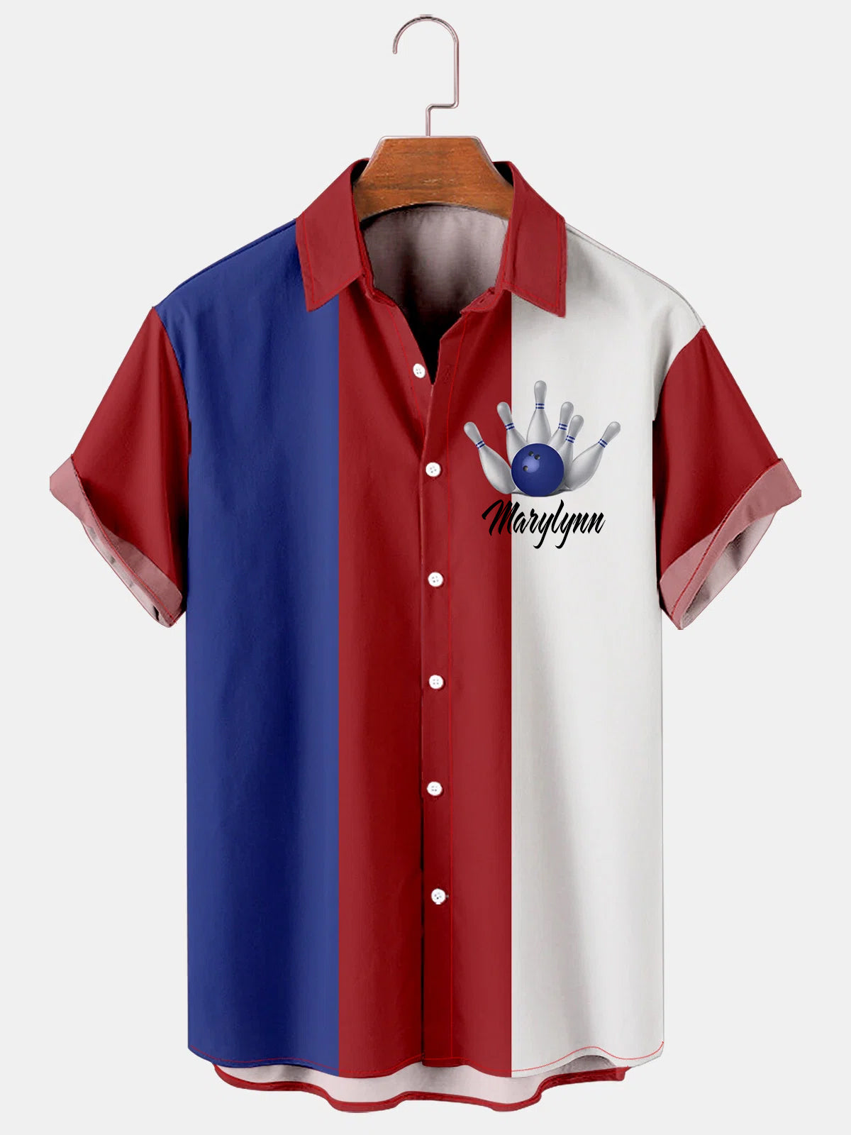 Short-sleeve button-up Hawaiian shirt, red white and blue with blue floral print and script logo