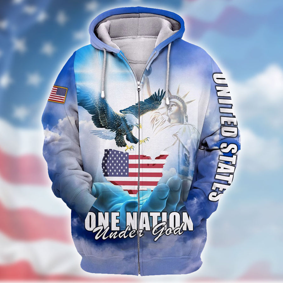 Blue 3D-printed zip hoodie with eagle, Statue of Liberty, and patriotic text