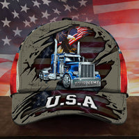 Brown camo truck driver cap with U.S.A. print, patriotic truck graphic, and personalized label