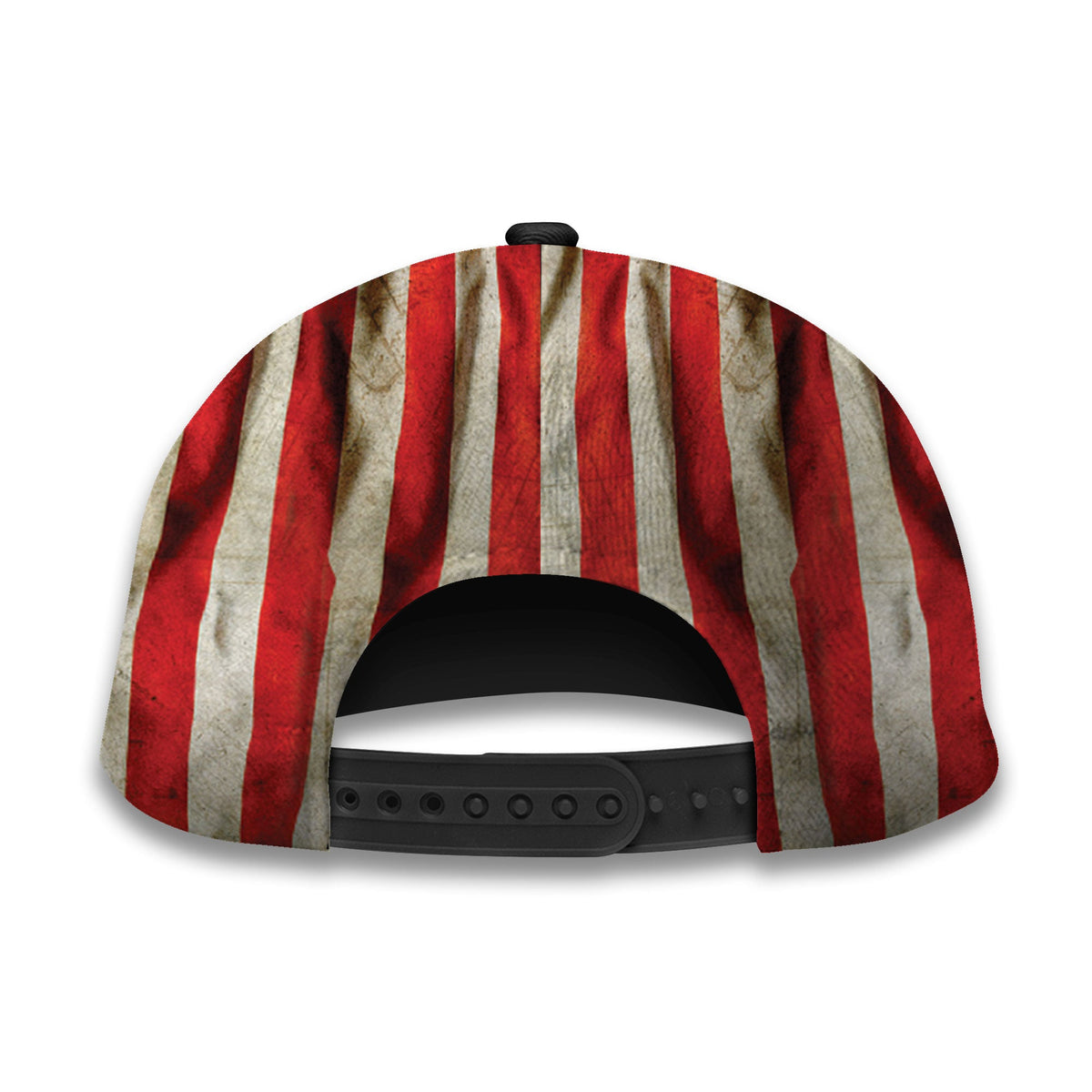 Truck driver cap with red-and-beige vertical stripes and black adjustable back strap