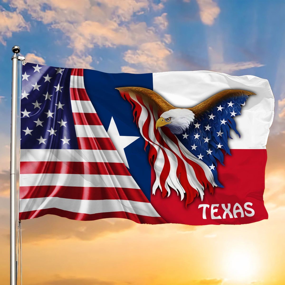 Texas patriotic flag with eagle emblem and stars-and-stripes, 'TEXAS' at bottom