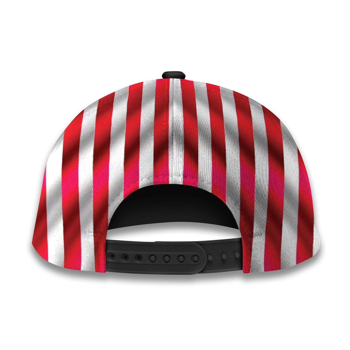 Patriotic snapback cap with red-and-white vertical stripes and black adjustable back