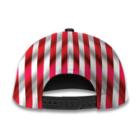 Patriotic snapback cap with red-and-white vertical stripes and black adjustable back