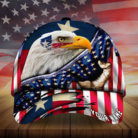 Personalized patriotic cap with eagle head, stars and stripes, and 'YOUR NAME' text