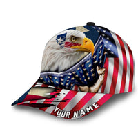 Personalized patriotic baseball cap with eagle graphic, stars, stripes, and 'YOUR NAME' text